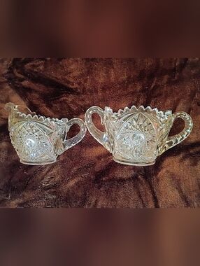 Pressed Glass Sugar and Creamer Set - Clear Cut Pattern Prescut - VTG